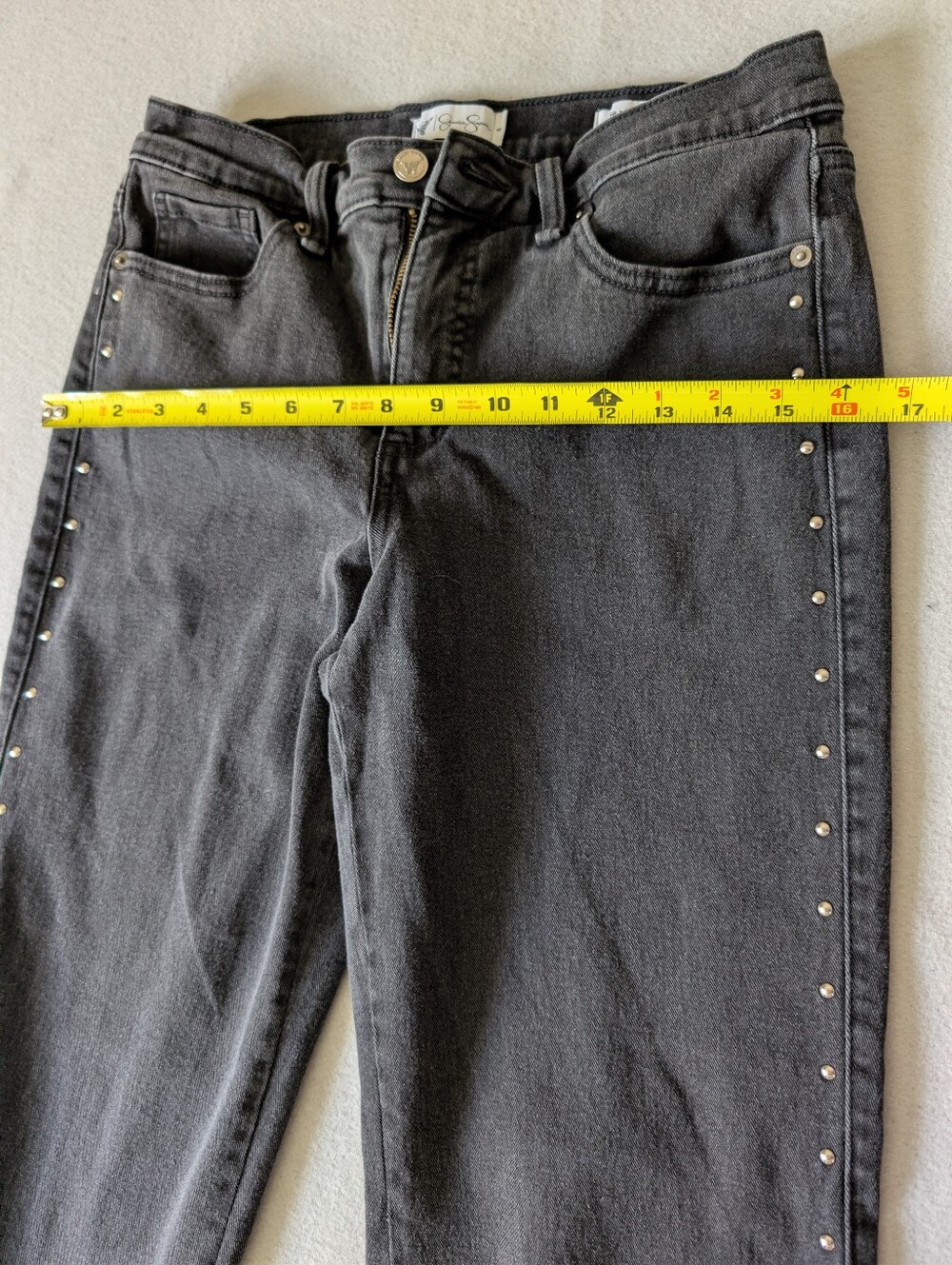 Women's Studded Split Hem Relaxed Straight Black Denim High Rise Jeans Sz 4 image 9